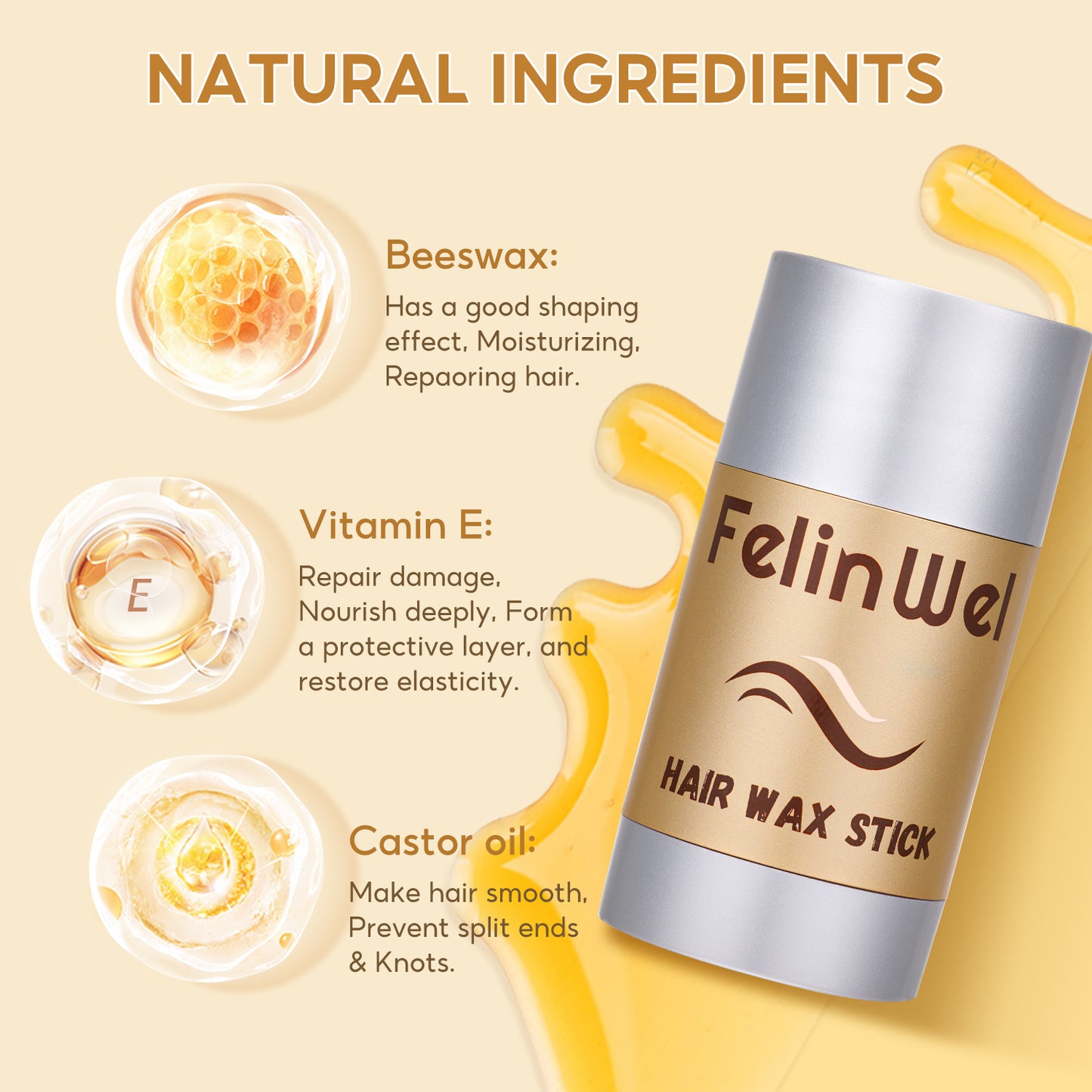 FelinWel Hair Wax Stick, Non-greasy Styling Wax for Fly Away & Edge Frizz Hair